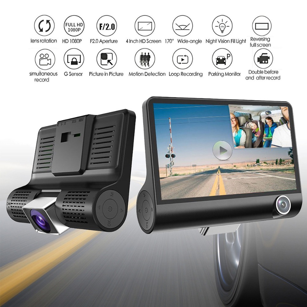Τριπλό Καταγραφικό Αυτοκινήτου Full HD 1080p HDR 15MP με 2 x Κάμερες, Οθόνη 4.0 inch, Κάμερα Parking, Αισθητήρα Βαρύτητας & Κίνησης, Auto Exposure & Νυχτερινή Λήψη